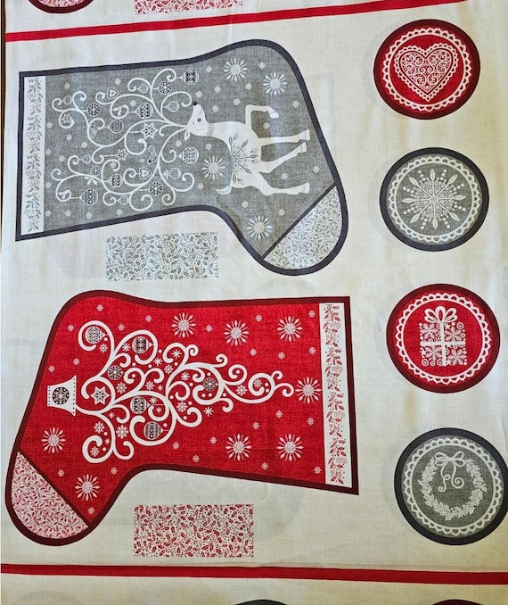 FABRIC -Makower UK. Scandi Stockings Panels. Christmas Stockings Red & Gray.  23x44". 100 percent Cotton. Price= 9.00/panel. Qty= 6 panels.
