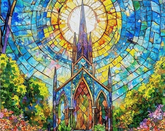 TELA - Henry Glass Faith in Full Color Turquoise Blue Stained Glass Church Panel 36". 100% algodón. *Precio = 13.99/yarda. *Cantidad = 3 paneles.