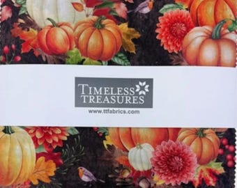 TELA -Tesoros eternos "Gather" 10" Precortados. Temática de calabazas y otoño. 100 % algodón. 42 piezas/paquete. *Precio = 46,00/paquete precortado de 10".