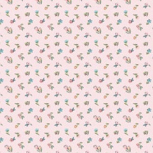 May include: A seamless pattern featuring a repeating design of small pink, blue, and yellow flowers on a light pink background with white polka dots.