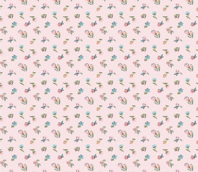 May include: A seamless pattern featuring a repeating design of small pink, blue, and yellow flowers on a light pink background with white polka dots.