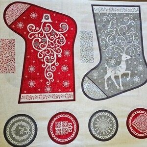May include: Two red and gray Christmas stockings with white designs. The stockings are surrounded by six decorative circles with various designs.