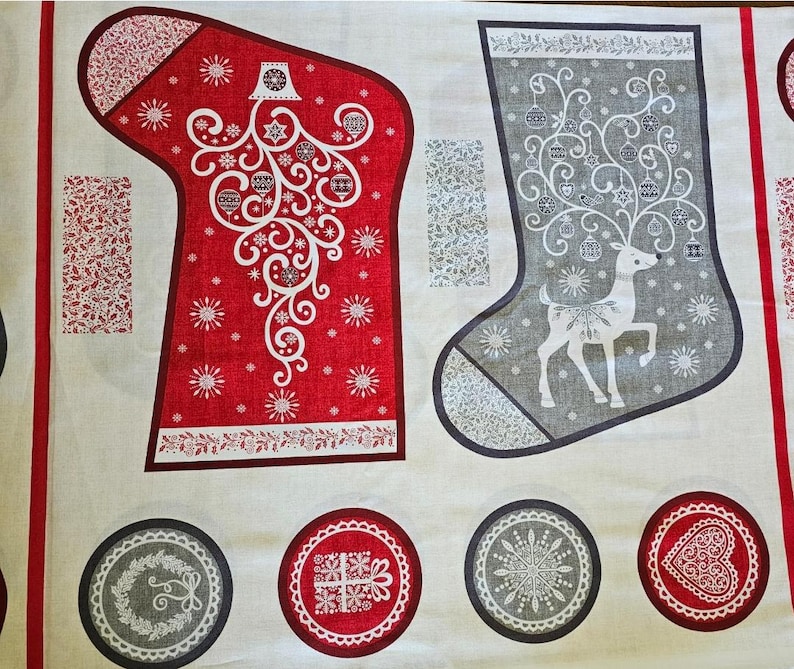 May include: Two red and gray Christmas stockings with white designs. The stockings are surrounded by six decorative circles with various designs.