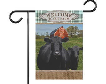 Bandera de jardín de vacas Black Angus - Bienvenidos a nuestra granja, decoración rústica para el hogar, decoración de exteriores, vida campestre, regalo para jardineros. ACA personalizado