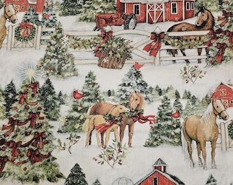 FABRIC- Springs Creative Christmas Horse Fabric. 100 % Cotton. Christmas Farm Print. 36x44".  Price= 9.99/yd.  *Qty remaining = 3 yds.