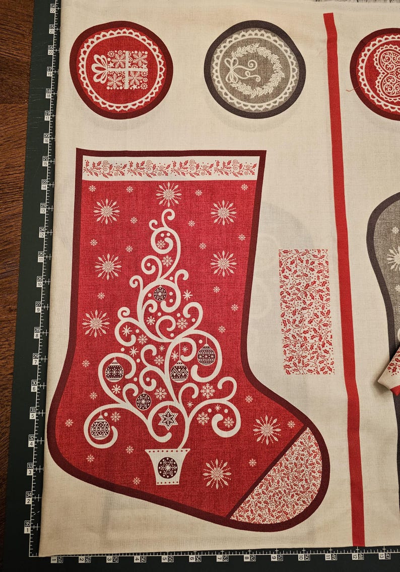 FABRIC -Makower UK. Scandi Stockings Panels. Christmas Stockings Red & Gray. 23x44". 100 percent Cotton. Price= 9.00/panel. Qty= 6 panels. image 4