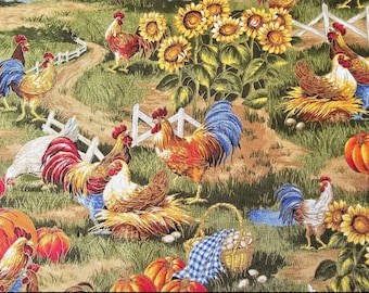 TELA - Estampado de otoño: Pollos y calabazas. 100 % algodón. 112 cm/114 cm de ancho. *Precio: 8,75/yd. *Cantidad: 3 yd.