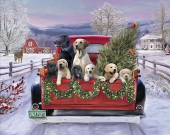 TELA - David Textiles. "Cachorros de Navidad". Escena invernal con cachorros y un camión rojo. Panel de 91 x 114 cm. 100 % algodón. *Precio: 13,25/yarda.