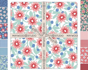 TELA - MAYWOOD STUDIO "Tazas y Edredones" Cuadrados de 10" precortados. 100% algodón. 42 piezas/paquete precortado. *Precio 49.00/paquete precortado. *Cantidad = 3 precortados