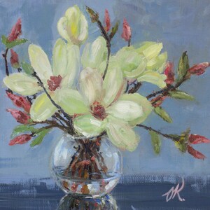 Still Life Original Painting. Magnolias Flowers In Glass Vase. Artwork Ready To Hang. Wall Decoration Oil On Canvas