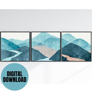 Boho Mountain Bliss: Light Blue Wall Art Trio Set Instant Download