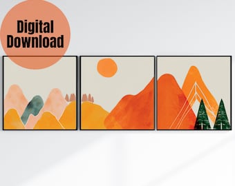 Arte de pared de 3 piezas / Decoración del hogar / Arte de la pared de la montaña al atardecer / Descarga imprimible / Conjunto de montaña de acuarela / Conjunto de impresión de paisaje / Decoración moderna
