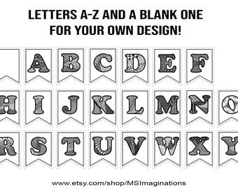 DIY Printable Banner, handgezeichnetes Zentangle, Schwalbenschwanz, A-Z Alphabet Banner, schwarze Buchstaben, Feiern, Dekor, sofort Download