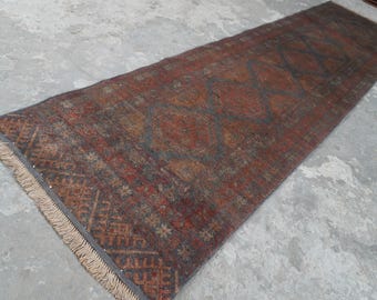 2'9x10'1 ft Runner Vintage Turkmen Caucasian Rug- Terracotta Muted Rug- Afghan Hand knotted Wool Rug- Hallway Runner- Floor Runner 82x310 cm