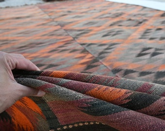 Alfombra antigua afgana de 2,7 x 4,8 m, kilim de tejido plano, turcomana de lana hecha a mano, con diseño tribal naranja descolorido, para dormitorio, oficina y cocina.