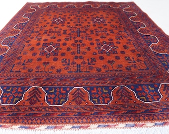 Orange Square Rug 4'1x5'7 ft Hand Knotted Wool Rug- Vintage Pattern Rug- Khal Muhammadi Bukhara Rug- 150x170 cm Square Rug 5x5 Tribal Rug