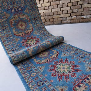 16 ft Runner Rug- Blue Oushak Rug- Floral Bijdar Rug- Afghan Handmade Rug- Fine Wool Rug- Turkmen Rug- Hallway Runner Rug Kitchen Runner Rug