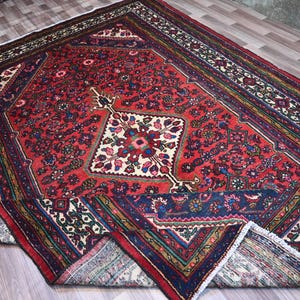 Vintage Geometric Rug 7x10 Afghan Tribal Rug- Handmade Wool Rug- Caucasian Red rug- Turkmen Oriental Rug- Red Blue- Living Room- Bedroom Rug