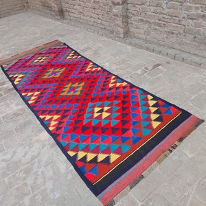4x10 Geometric Kilim Runner Rug- Antique Afghan Handmade Flatweave Kilim Tribal Turkmen Geometric Rug- Hallway runner Rug- Kitchen Runner