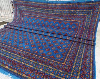 13x10 Rich Blue Rug 9'7x13'2 ft Afghan Mowri Rug- Turkmen Handmade Wool Rug- Bedroom- Trible Bukhara Rug Living Room Rug 290x400 cm Area Rug