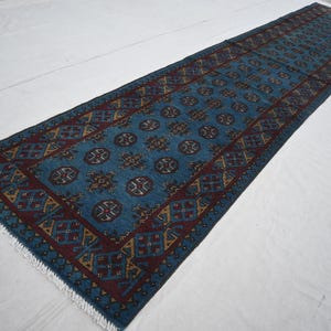 13 ft Runner Rug- Blue Rug- Handmade Rug- Afghan Runner Rug- Fine Wool Rug- Tribal Mowri Bukhara Rug- Hallway Runner Rug- Kitchen Runner Rug