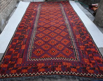 Alfombra Kilim afgana grande de 9x16 pulgadas, antigua, de tejido plano - Alfombra de lana hecha a mano con diseño geométrico turcomano Ghalmoori - Alfombra tribal - Alfombra para sala de estar - Alfombra para mesa de comedor