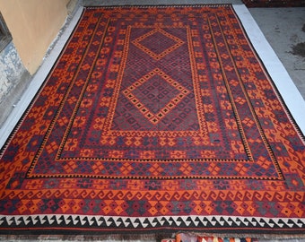 10x15 Large Vintage Turkmen Geometric Area rug- Handmade Afghan Flatweave Ghalmori Kilim Rug- Oriental Rug- Bedroom Rug- Red Navy Orange Rug