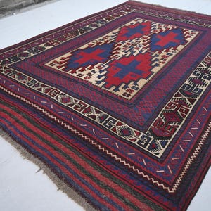 Afghan Vintage Rug 6&#39;5x9&#39;2 ft Geometric Rug- Flatweave Kilim Rug- Handmade Wool Rug- Oriental Rug- Beige Red Navy Area Rug- Living Room Rug