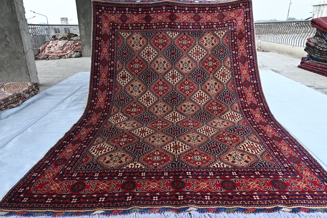 6x9 Afghan Rug- Rez Maye Bukhara Rug- Handmade Wool Rug Turkmen
