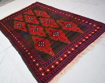 5x7 Afghan Antique Rug- Turkman Baluchi Rug- Handmade Wool Rug- Trible Rug- Bedroom Rug- Office Rug- 1960s Vintage Red Rug 140x210 cm Rug
