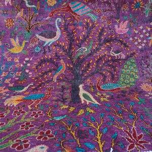 Purple Rug 5x5 Square Rug- Afghan Rug- Rich Colors Pictorial Rug- Hand Knotted Wool Rug- Best for Kids Room Rug- 150x150 cm Rug- Bedroom Rug