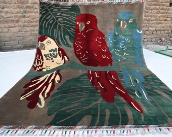 ◉Vintage rug◉156×92cm　ブルガリア産　ウール　ファーラグ One of a Kind Pictorial Rug- Natural Parrots Art Rug 5x7 Afghan
