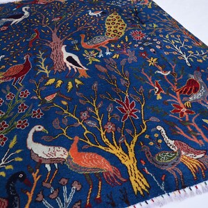5x7 Rich Blue Rug- Afghan Pictorial Rug- Handmade Wool Rug 150x200 cm Antelopes Birds Tree Rabbit Art rug- Turkmen Tribal Rug- Kids Room rug