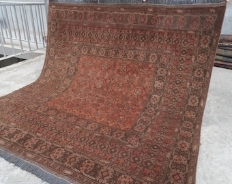 1990s Antique 7x7 Square Terracotta Rug- Soft Pile Fine Area Rug- Handmade Wool Rug- Afghan Bashiri Rug- Turkmen Tribal Bedroom Rug 6'7x6'9"