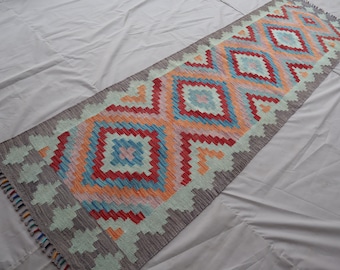2,8x9,7 fot handgjord afghansk 10 fot löparmatta - plattvävd kelimmatta - orientalisk matta med geometrisk design 100 % ullmatta - hallmatta - köksmatta