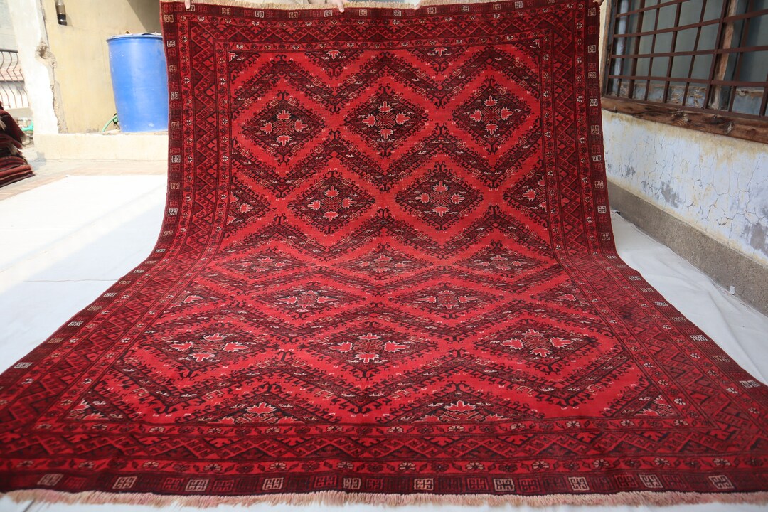7x9 Ft Red Chinar Gull Bukhara Rug- Antique Afghan Handmade Wool Rug ...