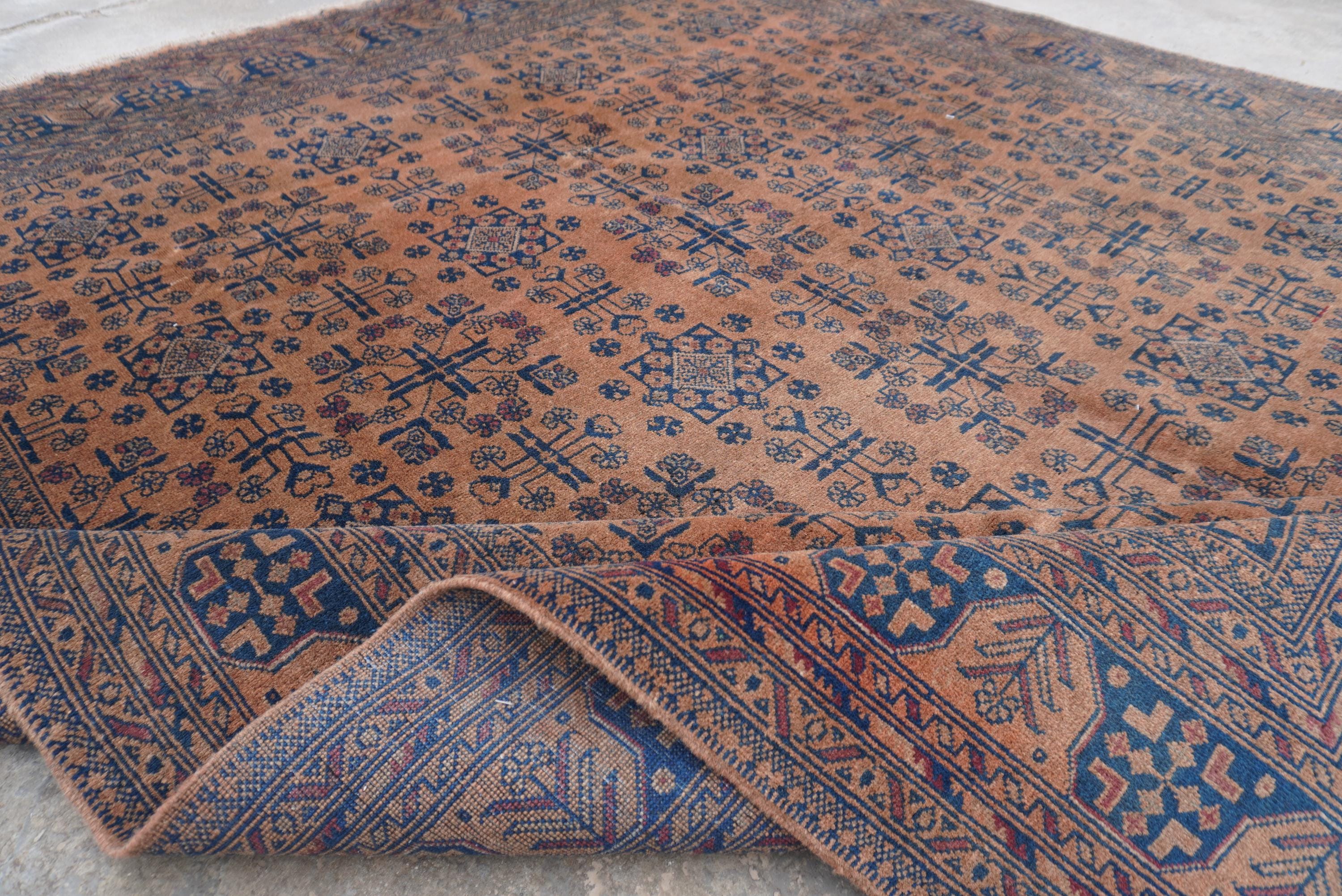 1980s Antique Large Terracotta Rug 8x10 Turkmen Handmade Wool Rug