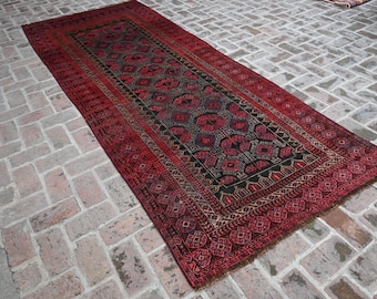 1960s Vintage Rug- 5x10 Afghan Handmade 100% Wool Geometric Balochi Rug- Red Fine Rug- Hallway Runner Rug- Kitchen Rug-Oriental Bohemian Rug