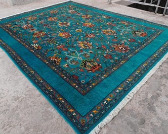 8x10 Large Turquoise Rug- Afghan Bijdar Rug 7'10x9'10" Handmade Wool Rug- Floral Oushak Rug- Veg dyes Rug Bedroom Rug Turkish Rug 240x300 cm