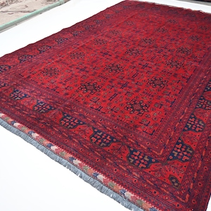 Afghan Vintage Rug 7x10 Handmade Wool Rug, Turkmen Tribal Bukhara Rug- Oriental Area Rug- Bedroom Rug- Living Room Rug- Red 200x300 cm Rug