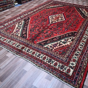 Antique Geometric Rug 7x10 Afghan Rug- Handmade Wool Rug- Caucasian Red rug- Turkmen Tribal Heriz Rug- Oriental Rug Living Room- Bedroom Rug