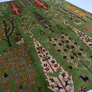 6x8 Light Green Pictorial Rug Tree of life Rug- Afghan Hand Knotted Rug- Turkmen Wool Rug Oriental Rug- Bedroom Rug- Living Room Bedroom Rug