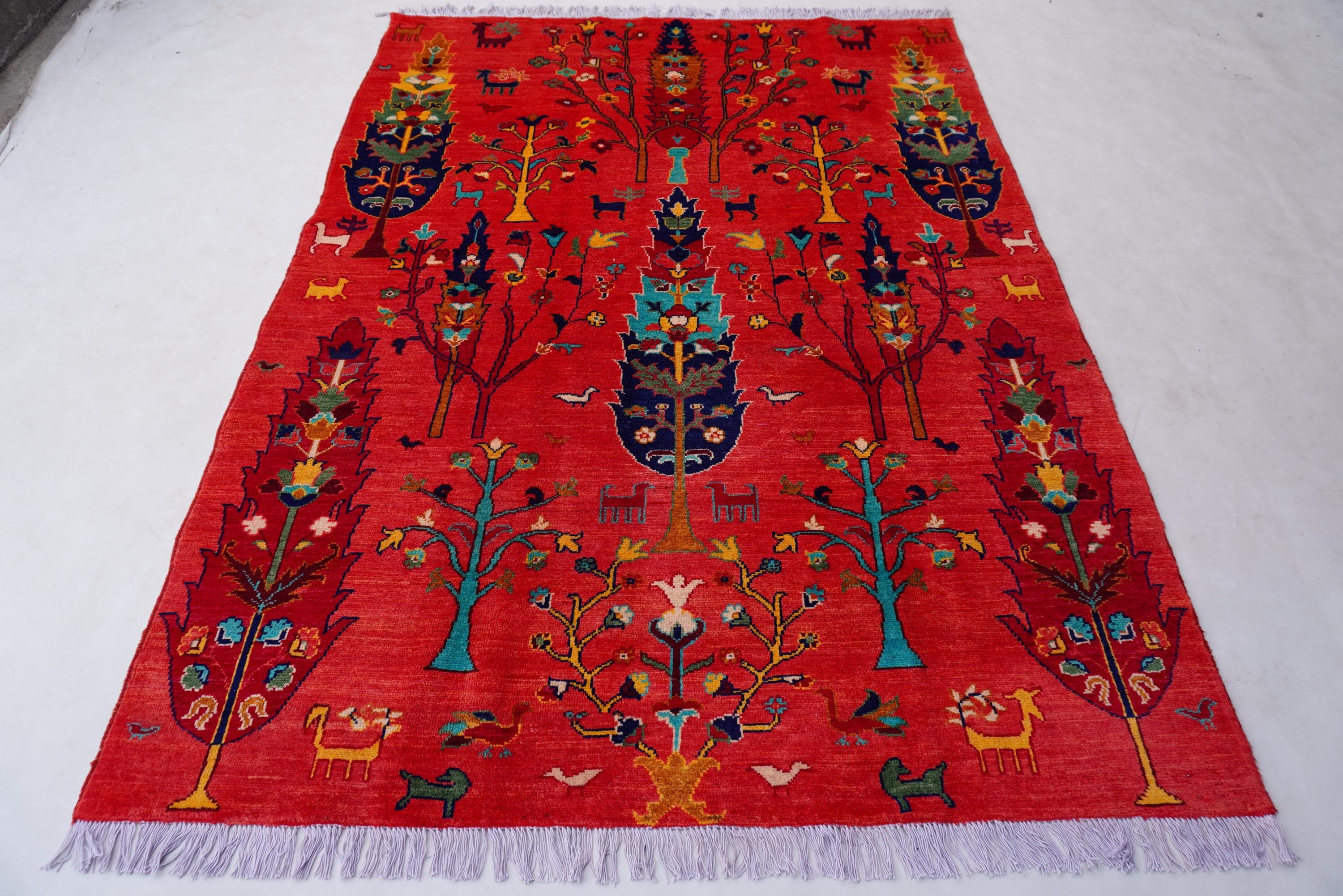 5x7 オレンジ ピクトリアルラグ - 生命の樹ラグ - アフガニスタン