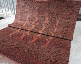 1920s Antique 7x9 Terracotta Rug- Afghan Handmade Low Pile Wool Rug- Turkmen Tribal Rug- Tekke Ersari Rug- Office Rug- Bedroom Rug 6'8x8'11"