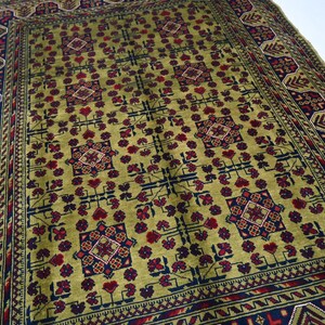 Afghan Green Rug 5x7 Handmade Wool Rug- Vintage Turkmen Tribal Rug- Oriental Area Rug Bedroom Rug- Living Room Rug, Fern Green Red Navy Blue