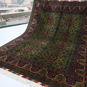 5x7 ft Green Afghan Rug- Turkmen Tribal design Bukhara Rug- Handmade Wool Rug- Oriental Rug- Bedroom Rug- Green Area Rug Bedroom- Office Rug