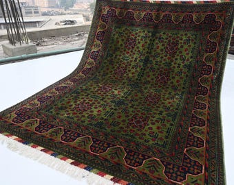5x7 ft Green Afghan Rug- Turkmen Tribal design Bukhara Rug- Handmade Wool Rug- Oriental Rug- Bedroom Rug- Green Area Rug Bedroom- Office Rug