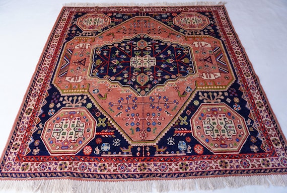 Terracotta Rug 7x7 Square Rug- Hand Knotted Rug Vintage Pattern Medallion Rug- Fine Wool Rug- Geometric Caucasian Rug 210x210 cm Living Room