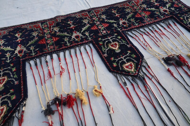 K&ouml;nnte beinhalten: Ein dunkelblaues Textil mit aufwendigen Blumenmustern in Rot, Gr&uuml;n und Wei&szlig;. Die R&auml;nder sind mit langen, farbenfrohen Quasten verziert. Dieses dekorative St&uuml;ck k&ouml;nnte ein Wandbehang oder ein Textilakzent sein.