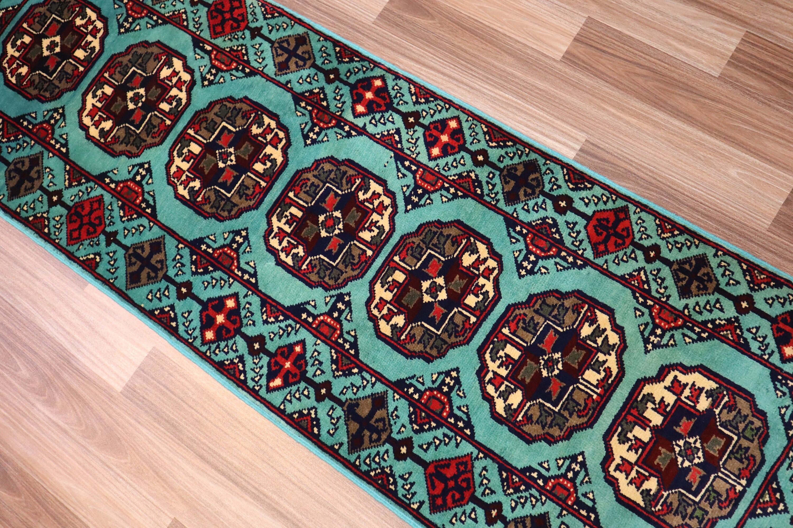 2x5 ターコイズランナーラグ 1'9x5'1 フィート アフガニスタン テッケ